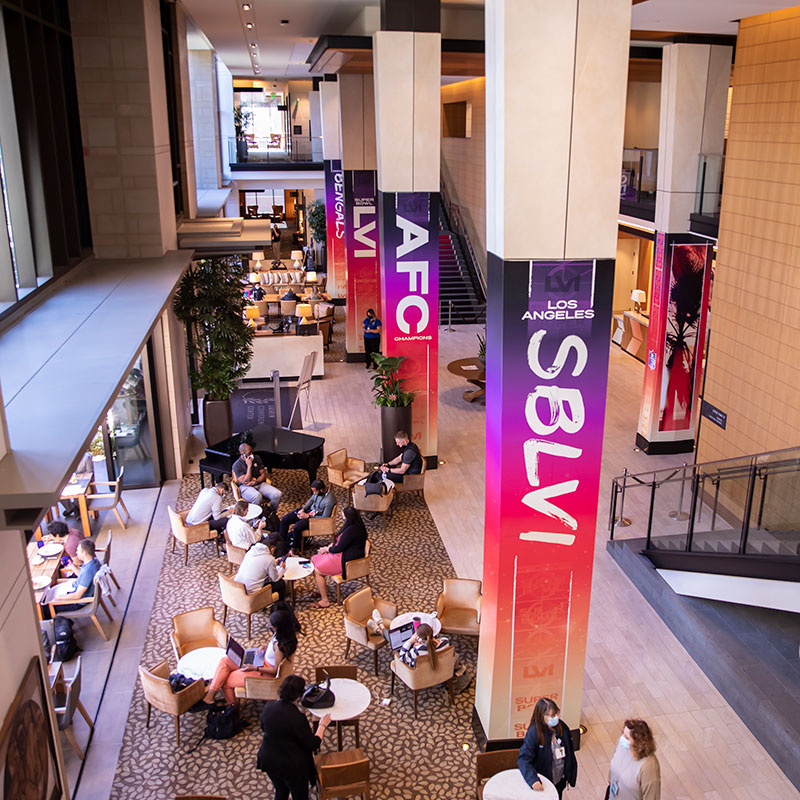 Luskin lobby decorated with NFL takeover graphics